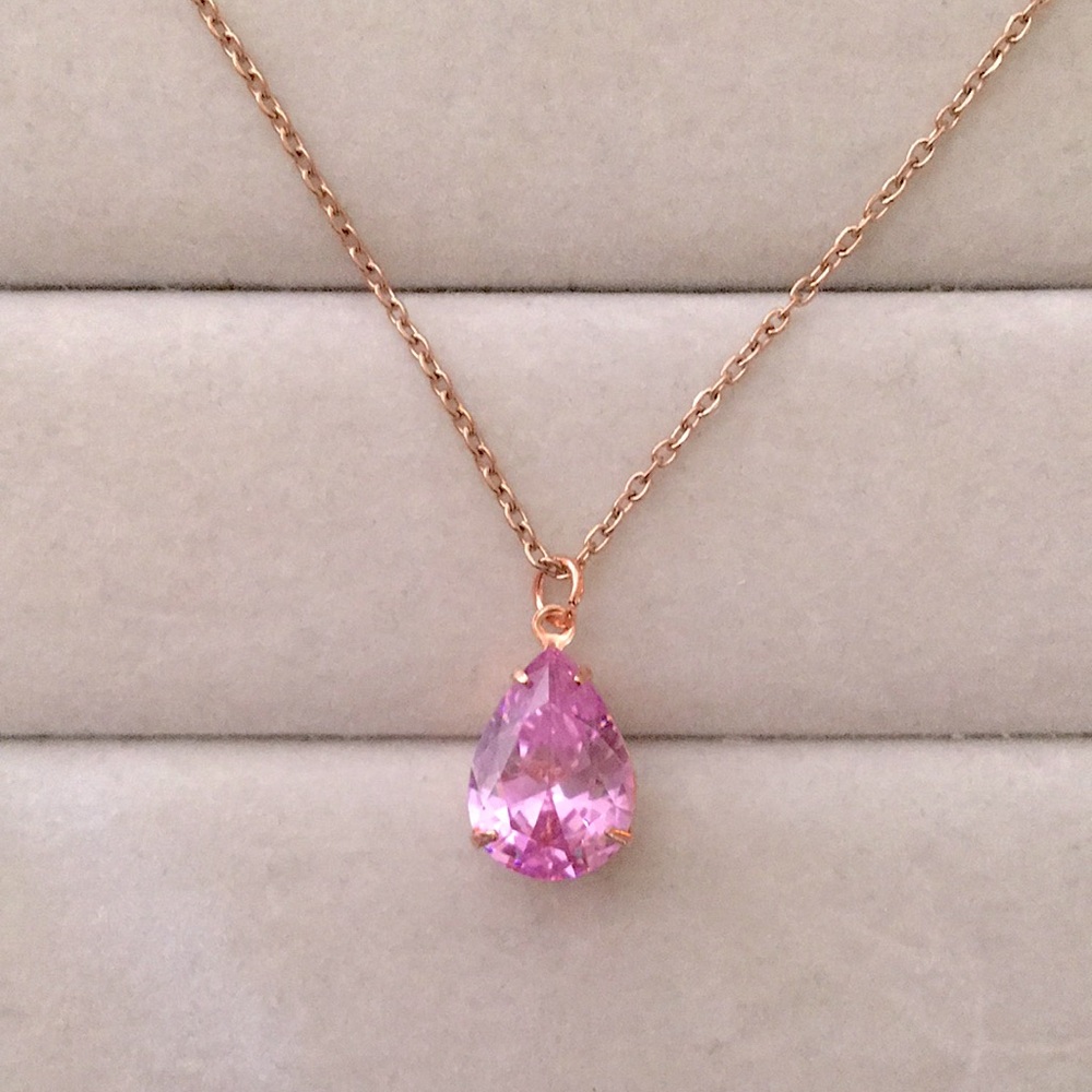 Rose Pink + Rose Gold Cubic Zirconia Pear Crystal Drop Pendant Necklace - Picture 3 of 10